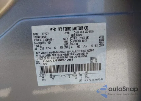 2022 Lincoln Nautilus Standard z USA, uszkodzony, nr VIN 2LMPJ8J99NBL19958